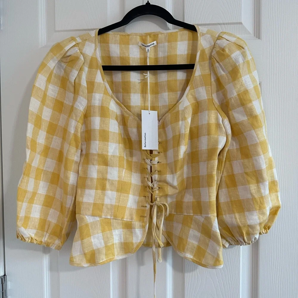 Reformation Yellow Gingham Lace-Up Peasant Blouse